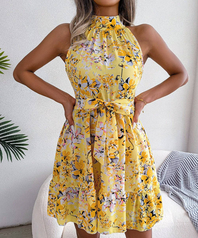 Lace Up Floral Dress With Large Flounces-zoom-