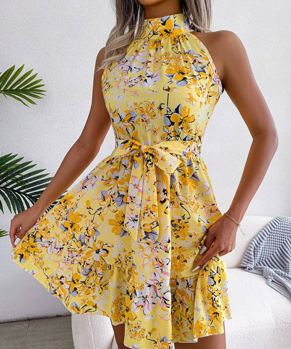 Lace Up Floral Dress With Large Flounces