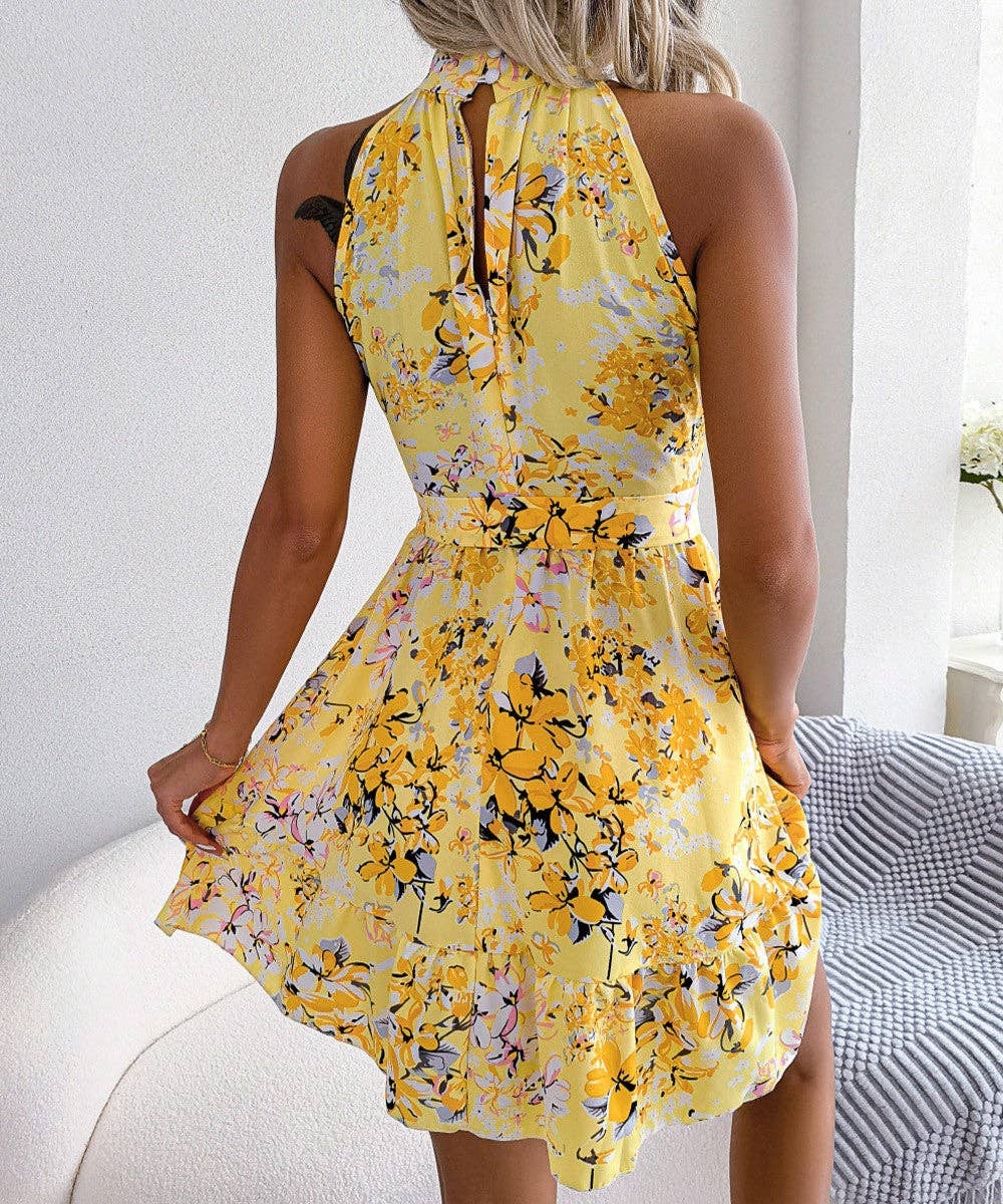 Lace Up Floral Dress With Large Flounces - Primrose Signature Boutique