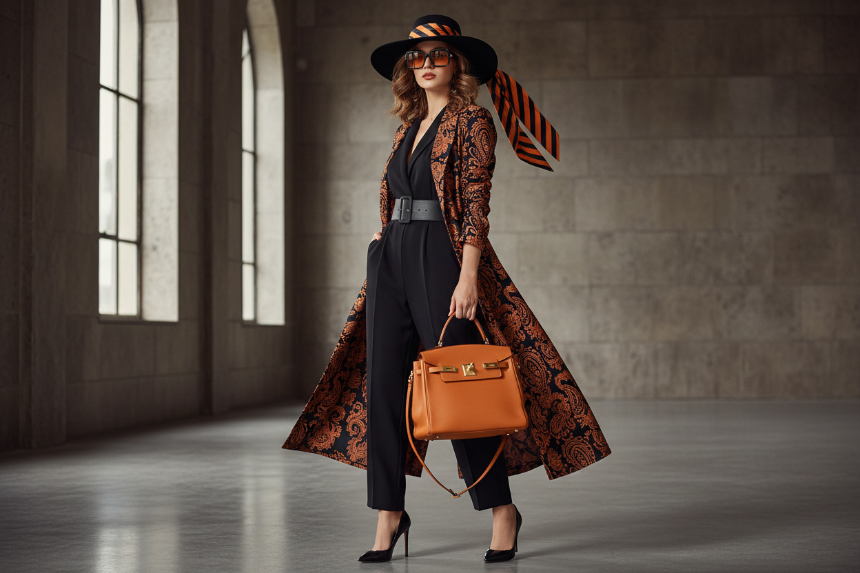 lady with long black and orange paisley blazer open style  with black belted jumpsuit orange large luxury purse  black heels and black gloppy hat with orange and black tie on hat large  orange sunglasses