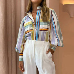 Lapel long sleeve printed painted loose shirt - Primrose Signature Boutique