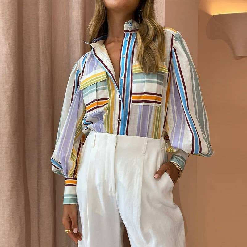 Lapel long sleeve printed painted loose shirt - Primrose Signature Boutique