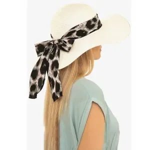 Leopard Bow Ivory Straw Beach Summer ocean Hat - Primrose Signature Boutique