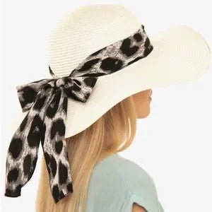 Leopard Bow Ivory Straw Beach Summer ocean Hat - Primrose Signature Boutique