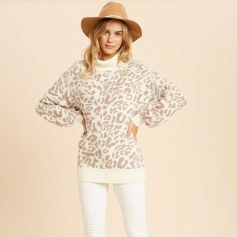 Leopard Print Turtleneck Sweater-zoom-