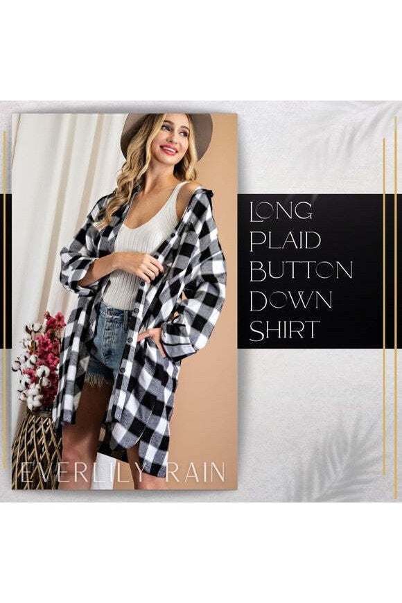 Long Plaid Button Down Shirt Jacket - Primrose Signature Boutique