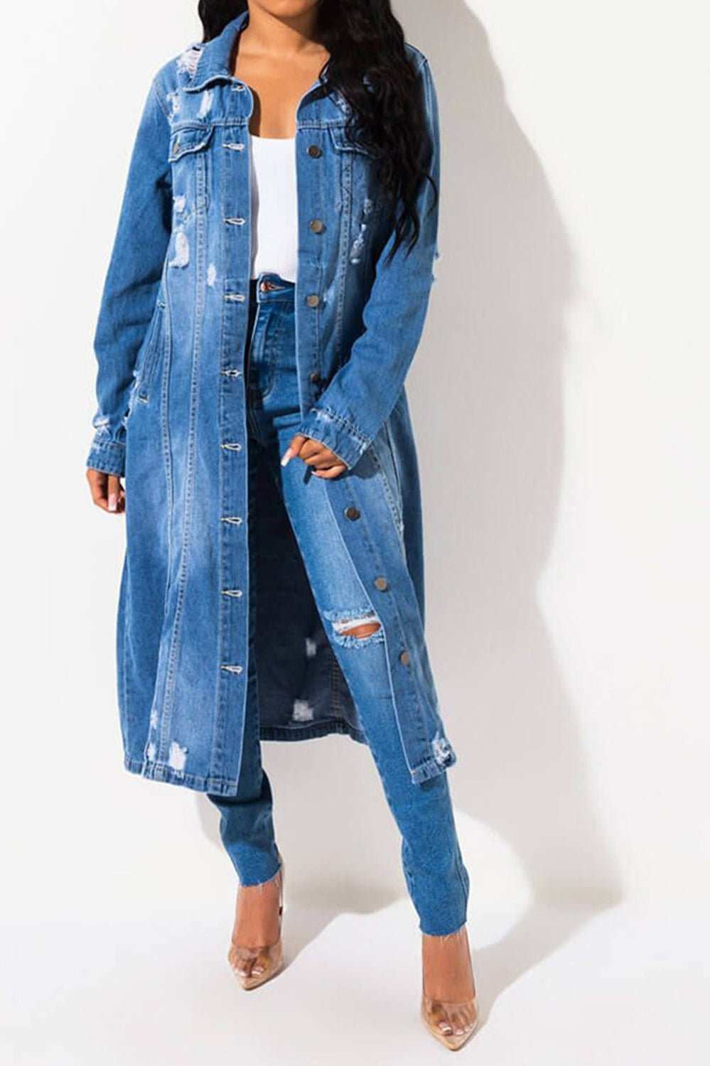 Long Sleeve Raw Hem Denim Jacket - Primrose Signature Boutique