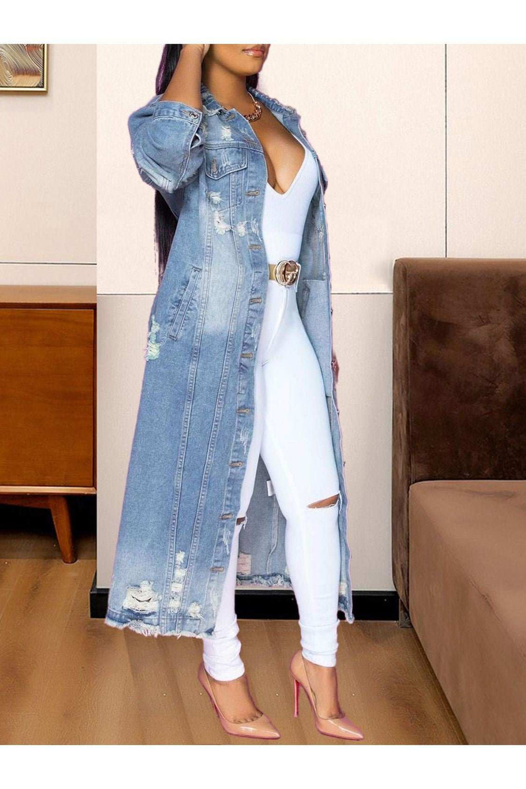 Long Sleeve Raw Hem Denim Jacket - Primrose Signature Boutique