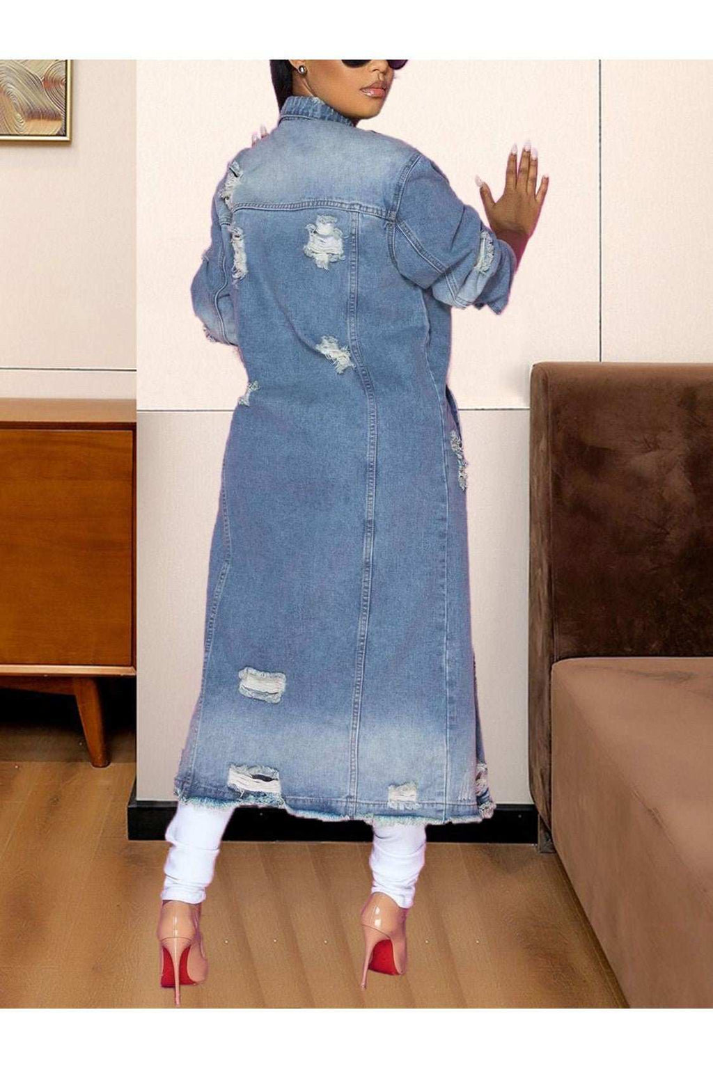 Long Sleeve Raw Hem Denim Jacket - Primrose Signature Boutique