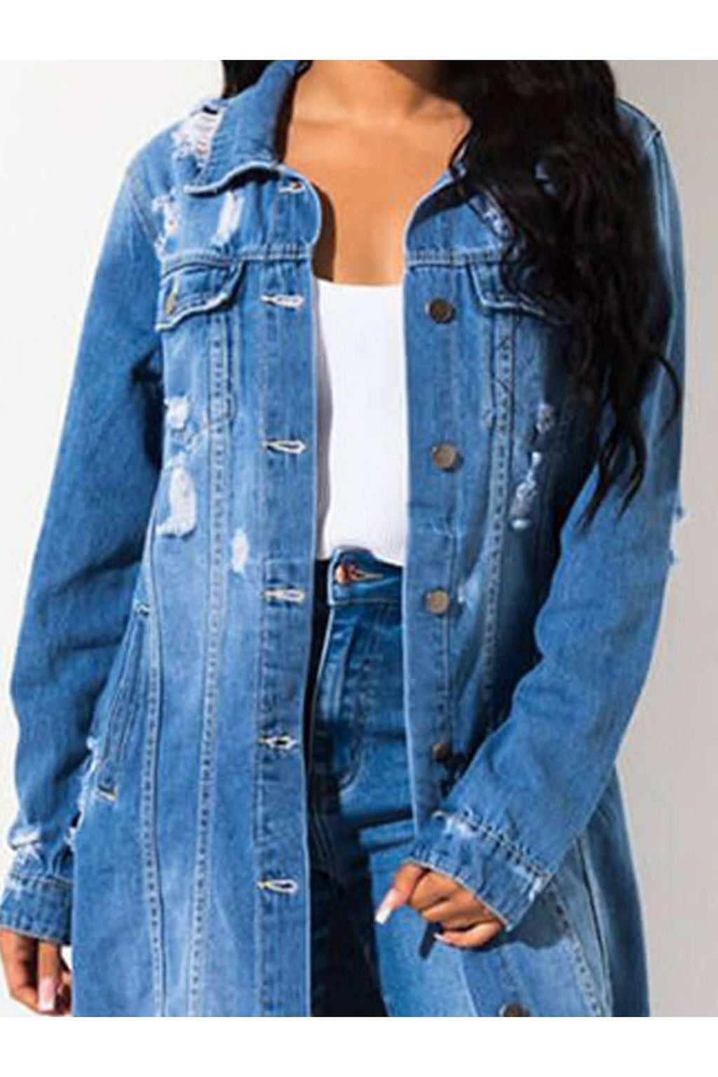 Long Sleeve Raw Hem Denim Jacket - Primrose Signature Boutique