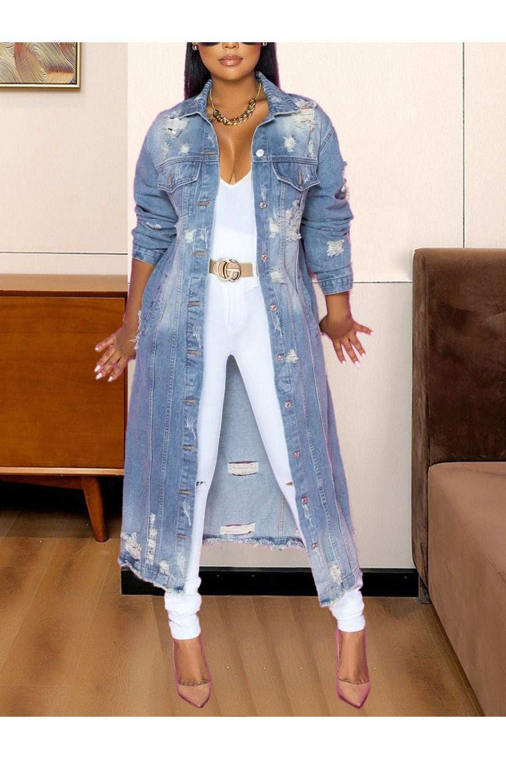 Long Sleeve Raw Hem Denim Jacket - Primrose Signature Boutique