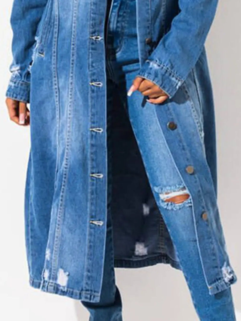 Long Sleeve Raw Hem Denim Jacket-zoom-