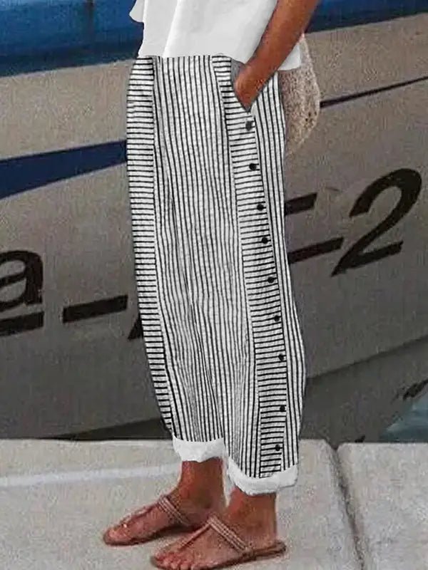 Loose Buttoned Pockets Striped Pants Trousers - Primrose Signature Boutique