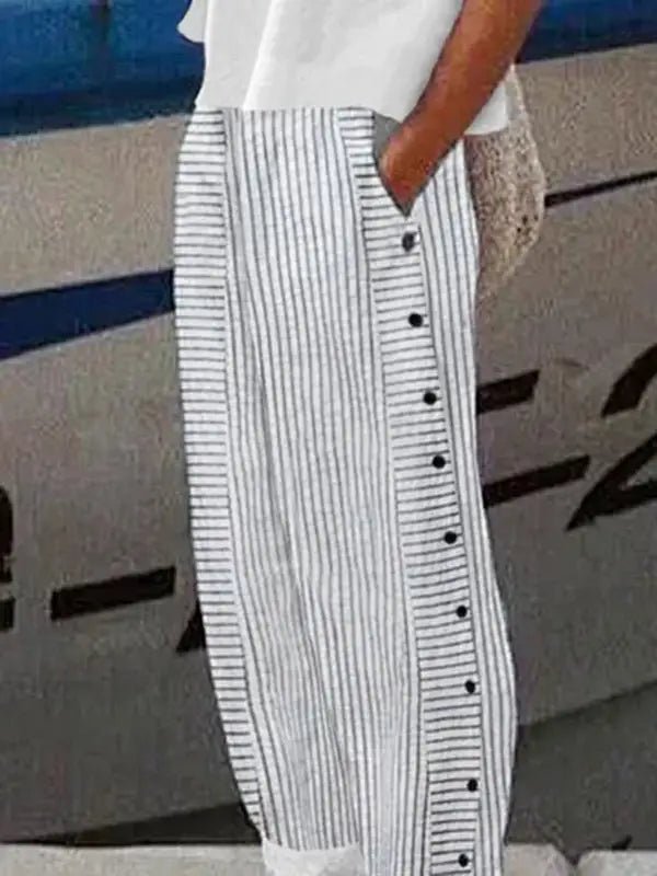 Loose Buttoned Pockets Striped Pants Trousers-zoom-
