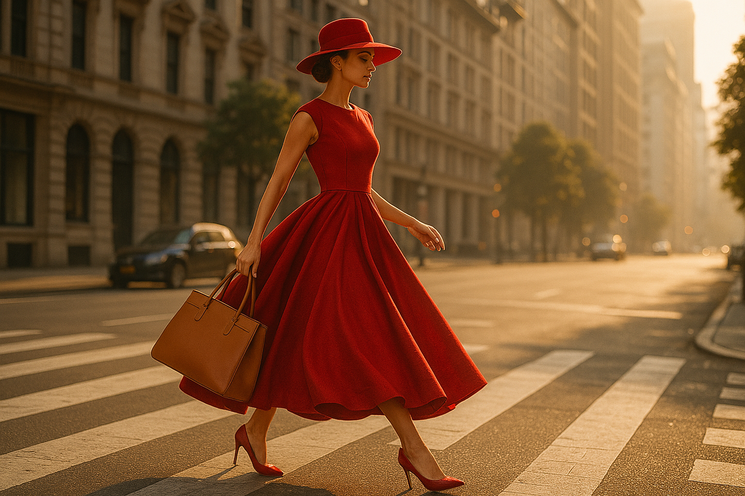 luxury lady with big red hoop dress big luxury tan bag red hat in the city in the morning walkign across the street