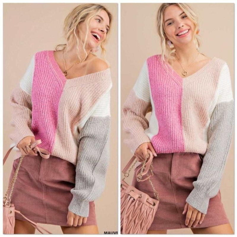 Malvenfarbener Pullover mit Farbblockdesign-zoom-