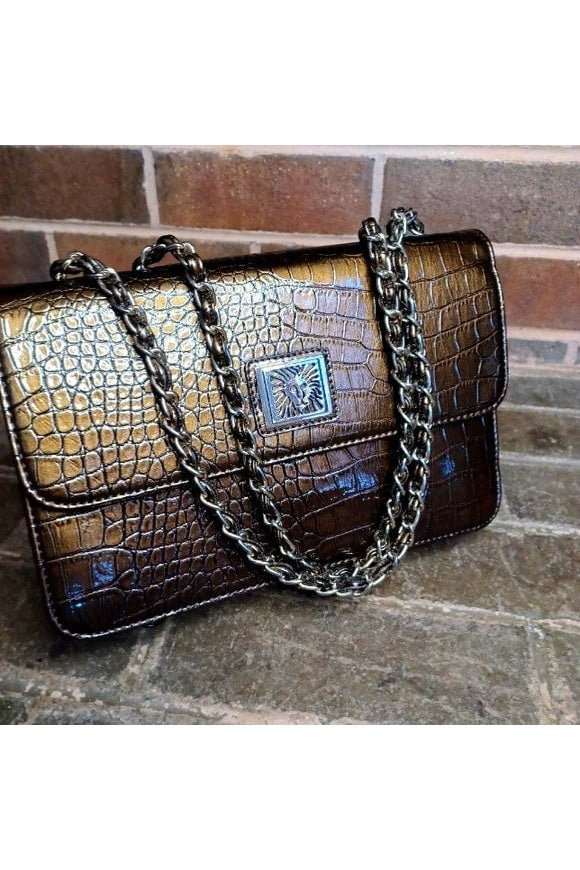 Metallic brown patent leather Anne Klein lion purse - Primrose Signature Boutique