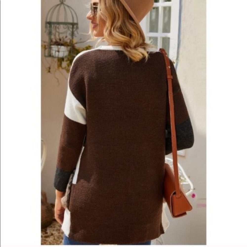 Midi Length Beige Tone Color Block Cardigan - Primrose Signature Boutique