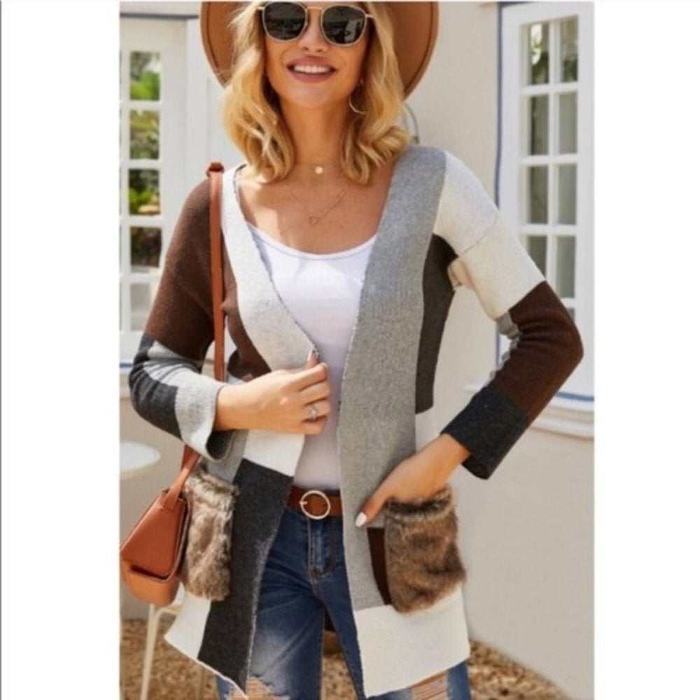 Midi Length Beige Tone Color Block Cardigan - Primrose Signature Boutique