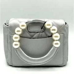 Mini Faux Vegan Leather Pearl Embellished Top Handle Metallic Grey Bag - Primrose Signature Boutique