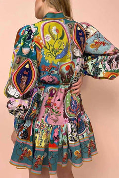 Multi - Color Loose Fitting Button Down Printed Button Ruffles Dress - Primrose Signature Boutique