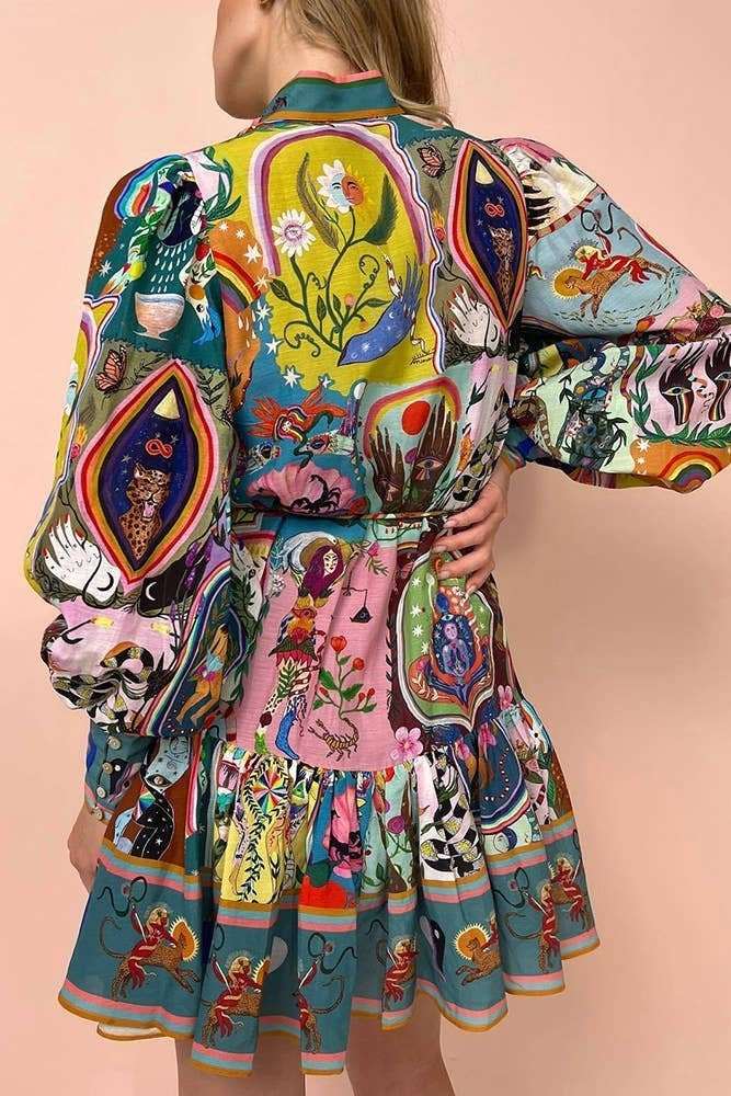 Multi - Color Loose Fitting Button Down Printed Button Ruffles Dress - Primrose Signature Boutique