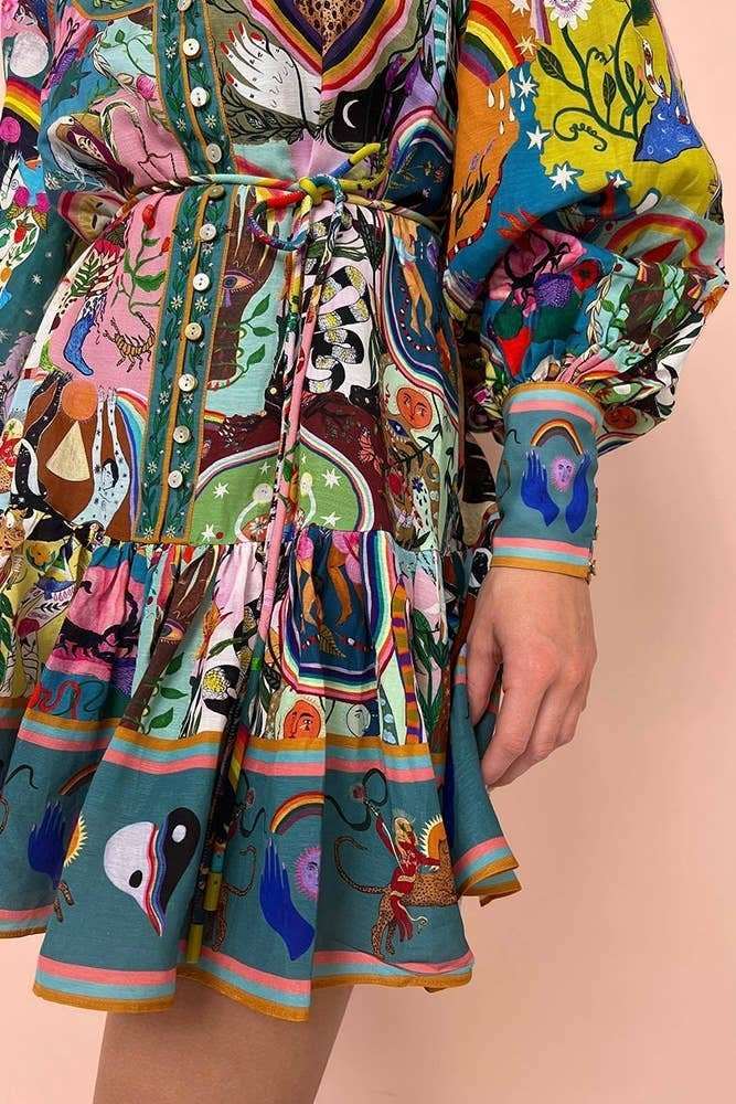 Multi - Color Loose Fitting Button Down Printed Button Ruffles Dress - Primrose Signature Boutique