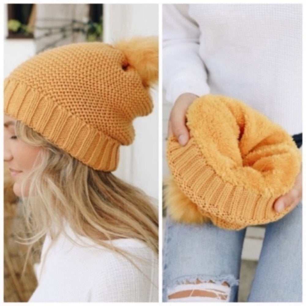 Mustard Faux Fur Lined Beanie - Primrose Signature Boutique