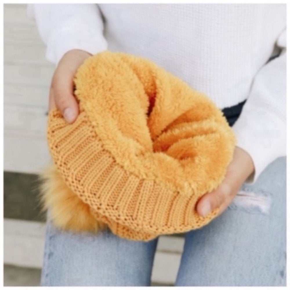 Mustard Faux Fur Lined Beanie - Primrose Signature Boutique