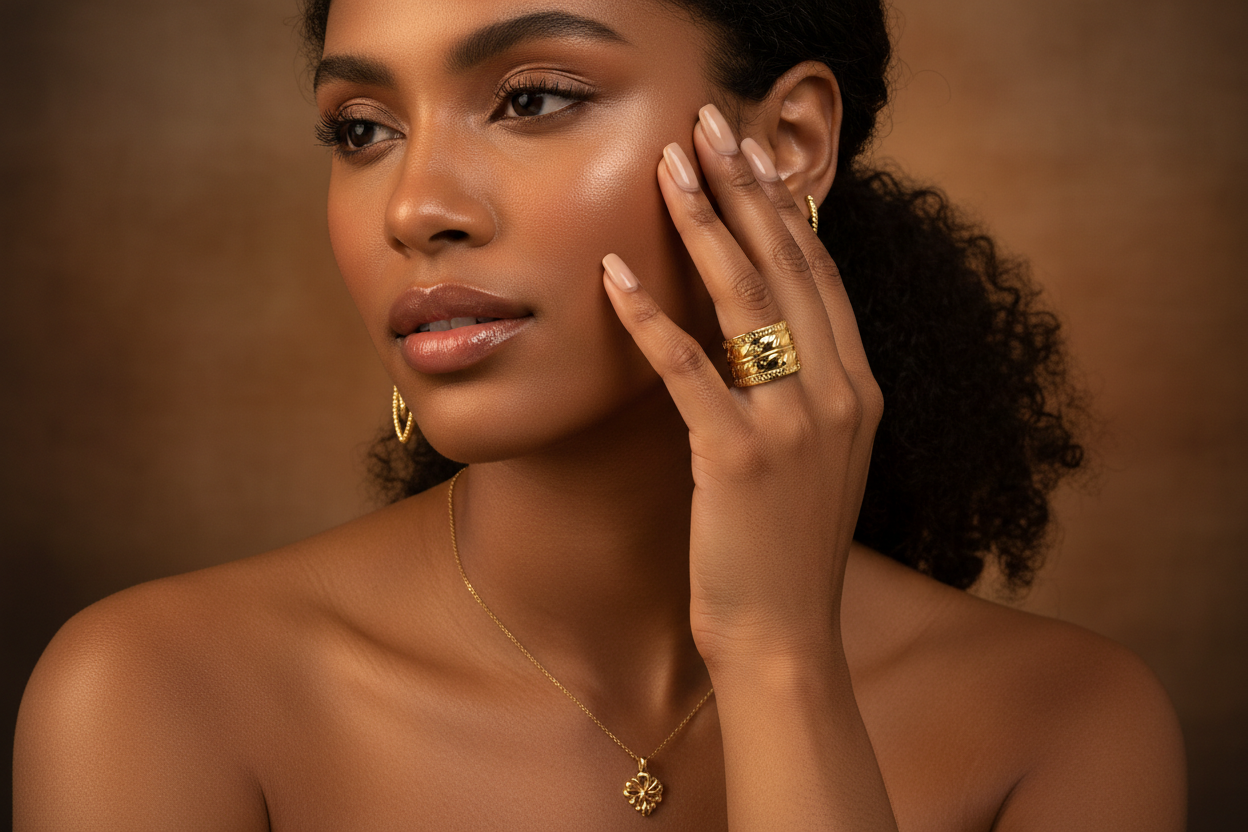 Necklace and earrling & ring set gold  bnad & chain on pretty dark lady with tan skin shiny jewlwery with ring hand showing up near face