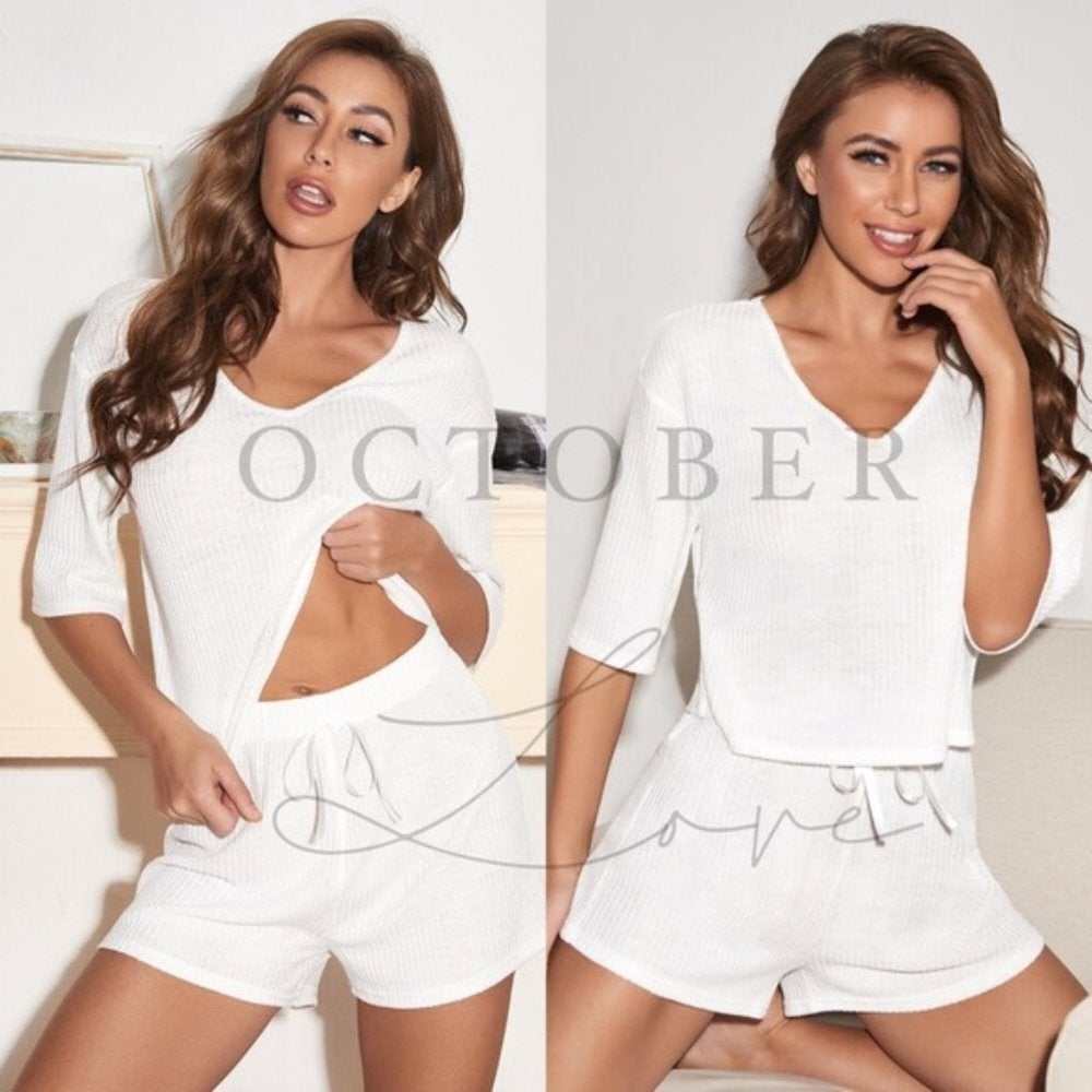 New, Comfy, Cute, White Short and Top Lounge Set-zoom-2