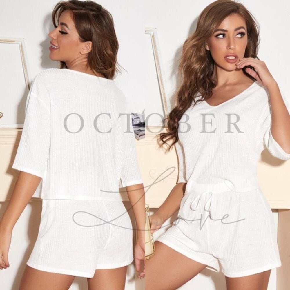 New, Comfy, Cute, White Short and Top Lounge Set-zoom-1