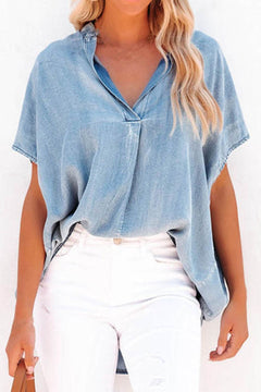 Notched Short Sleeve Denim Top - Primrose Signature Boutique