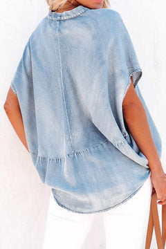 Notched Short Sleeve Denim Top - Primrose Signature Boutique