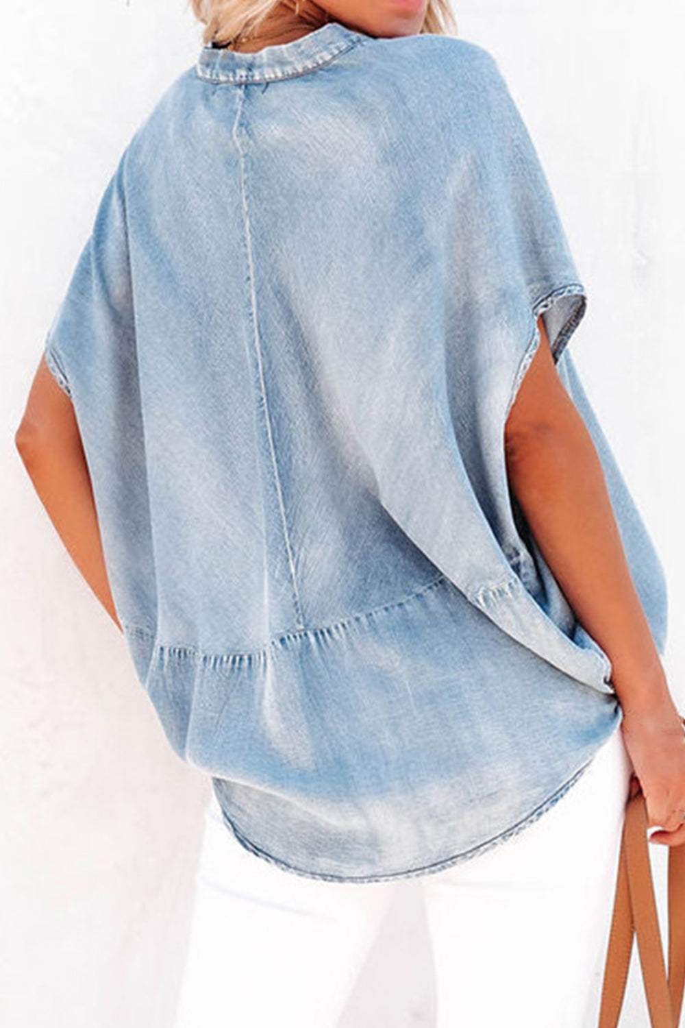 Notched Short Sleeve Denim Top - Primrose Signature Boutique