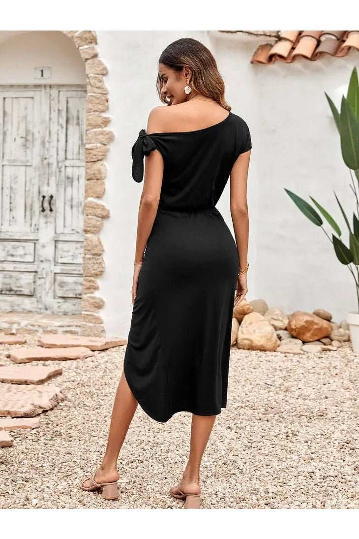 Off Shoulder Ruched Draped Dress-zoom-