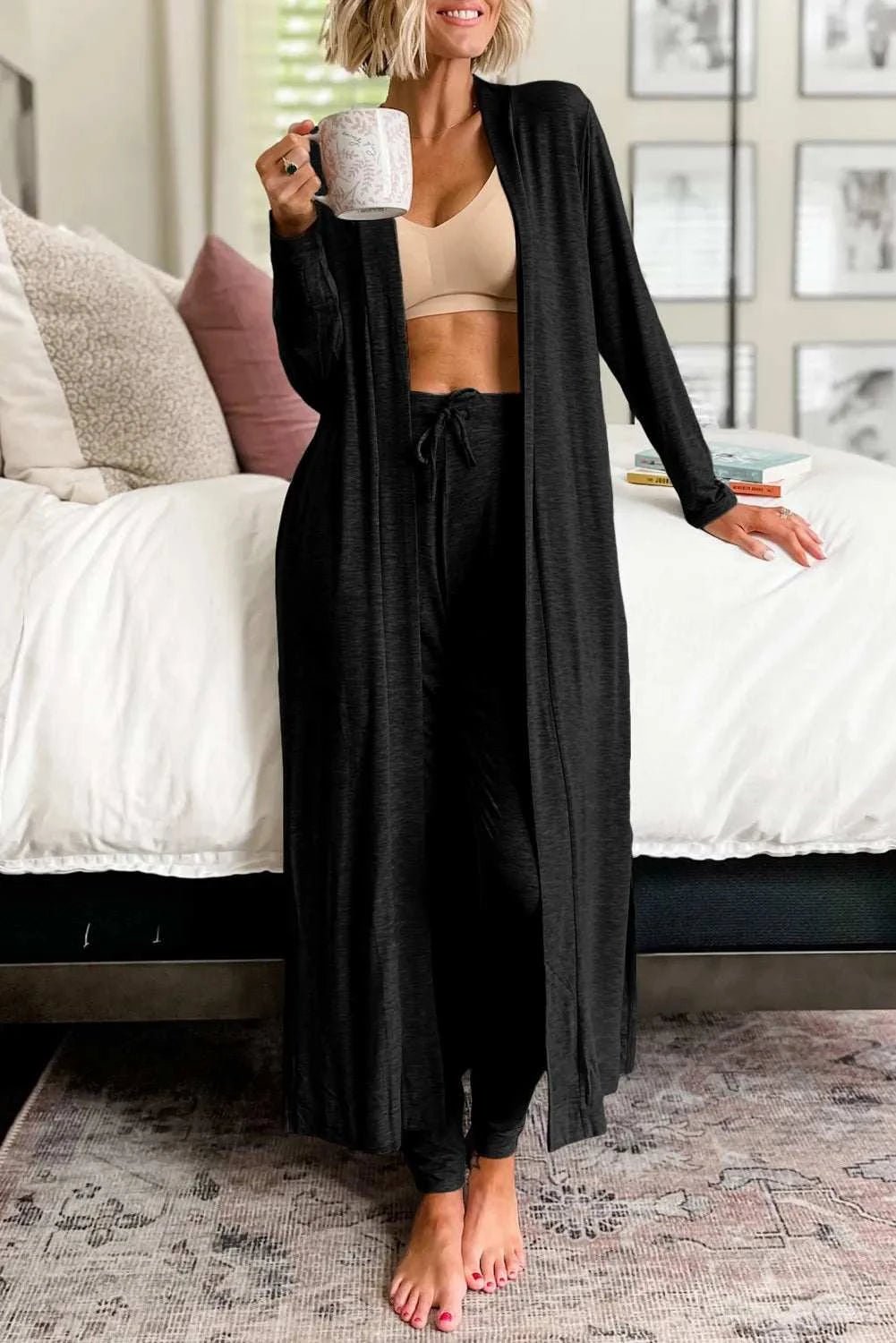 Open Front Long Sleeve Cardigan and Pants Lounge Set - Primrose Signature Boutique