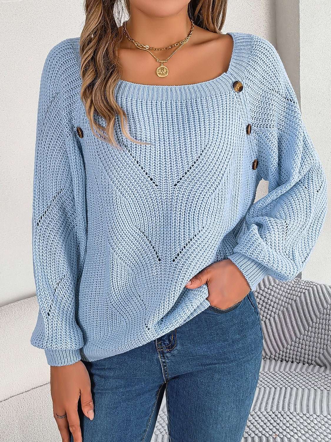 Openwork Buttoned Square Neck Sweater - Primrose Signature Boutique