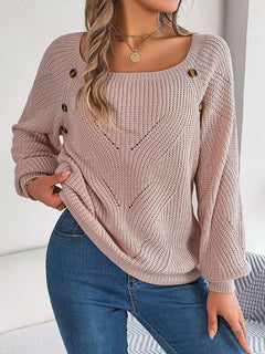 Openwork Buttoned Square Neck Sweater - Primrose Signature Boutique