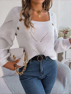 Openwork Buttoned Square Neck Sweater - Primrose Signature Boutique