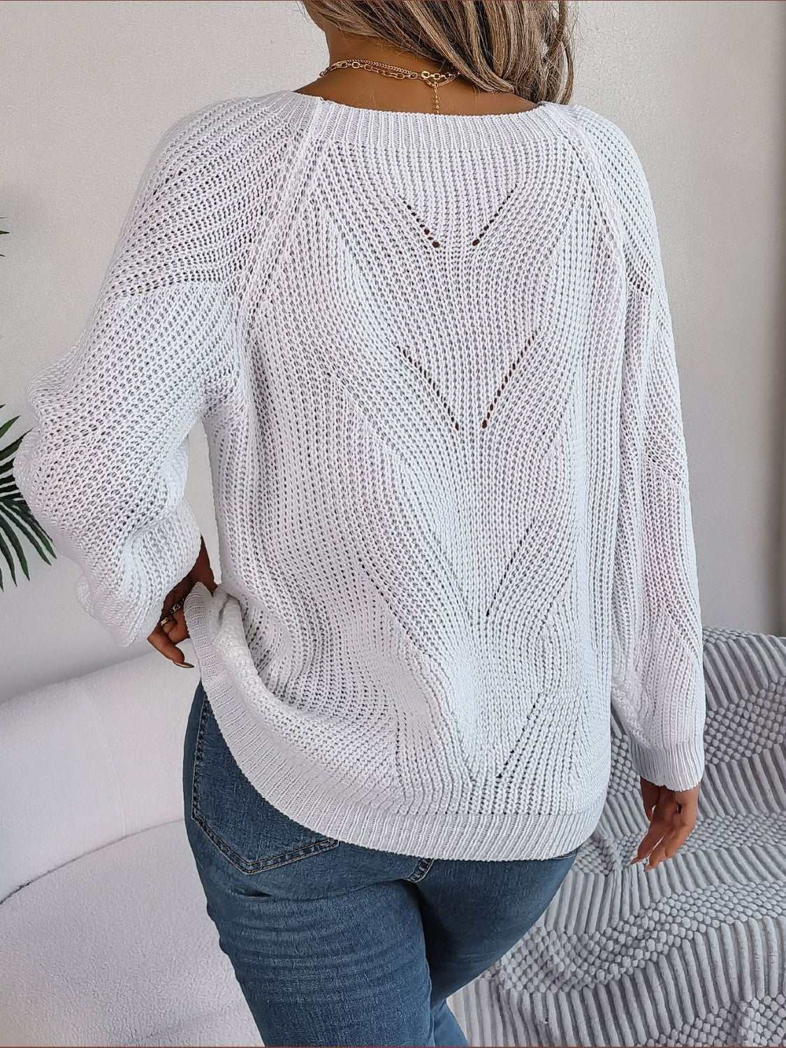 Openwork Buttoned Square Neck Sweater - Primrose Signature Boutique