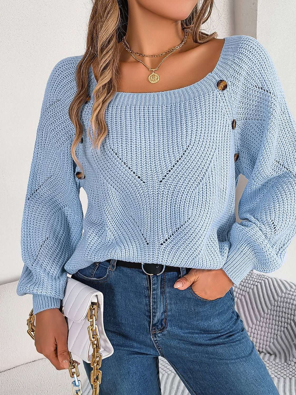 Openwork Buttoned Square Neck Sweater - Primrose Signature Boutique