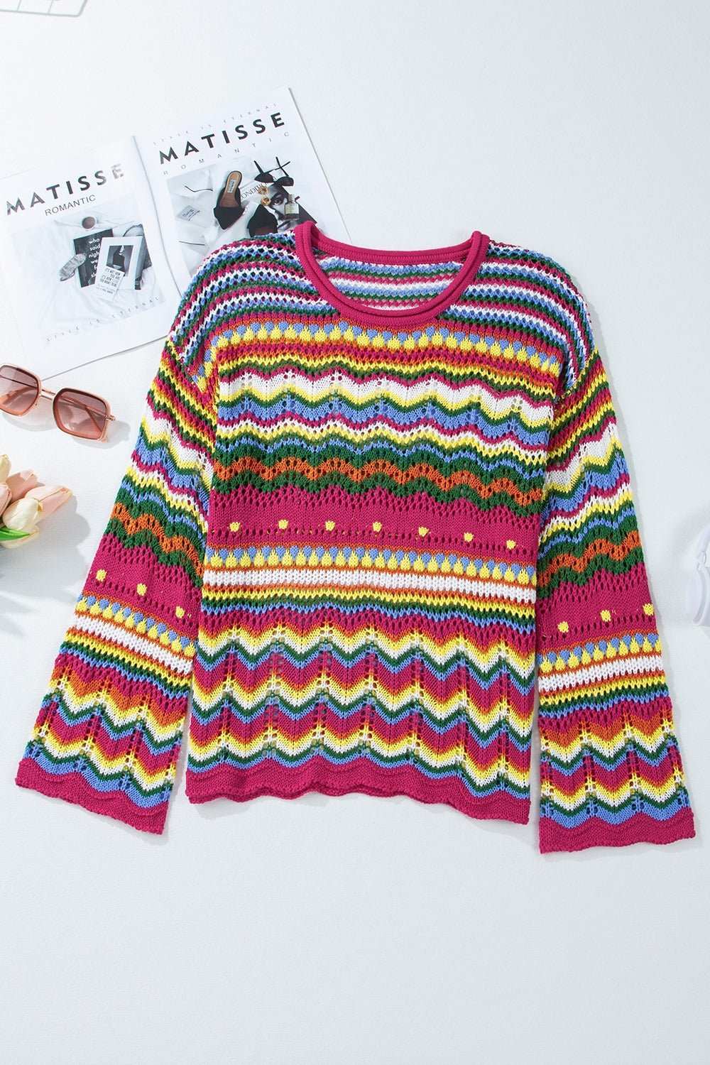 Openwork Round Neck Long Sleeve Knit Top - Primrose Signature Boutique