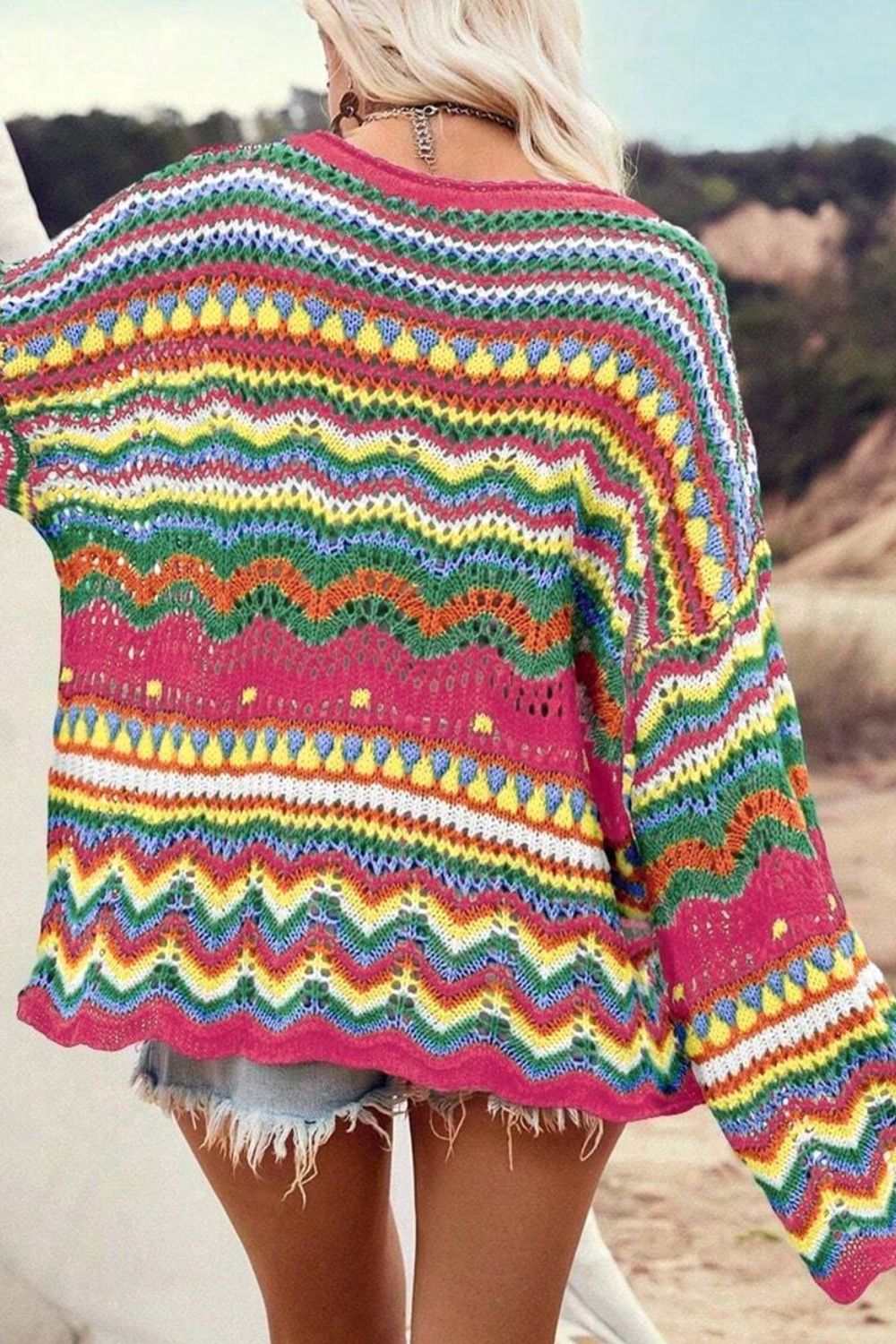 Openwork Round Neck Long Sleeve Knit Top - Primrose Signature Boutique
