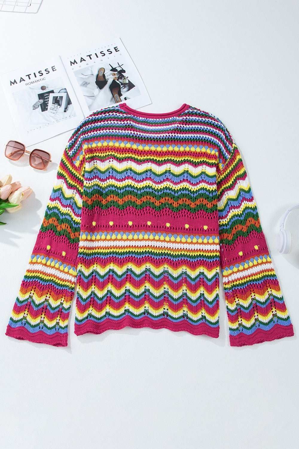 Openwork Round Neck Long Sleeve Knit Top - Primrose Signature Boutique