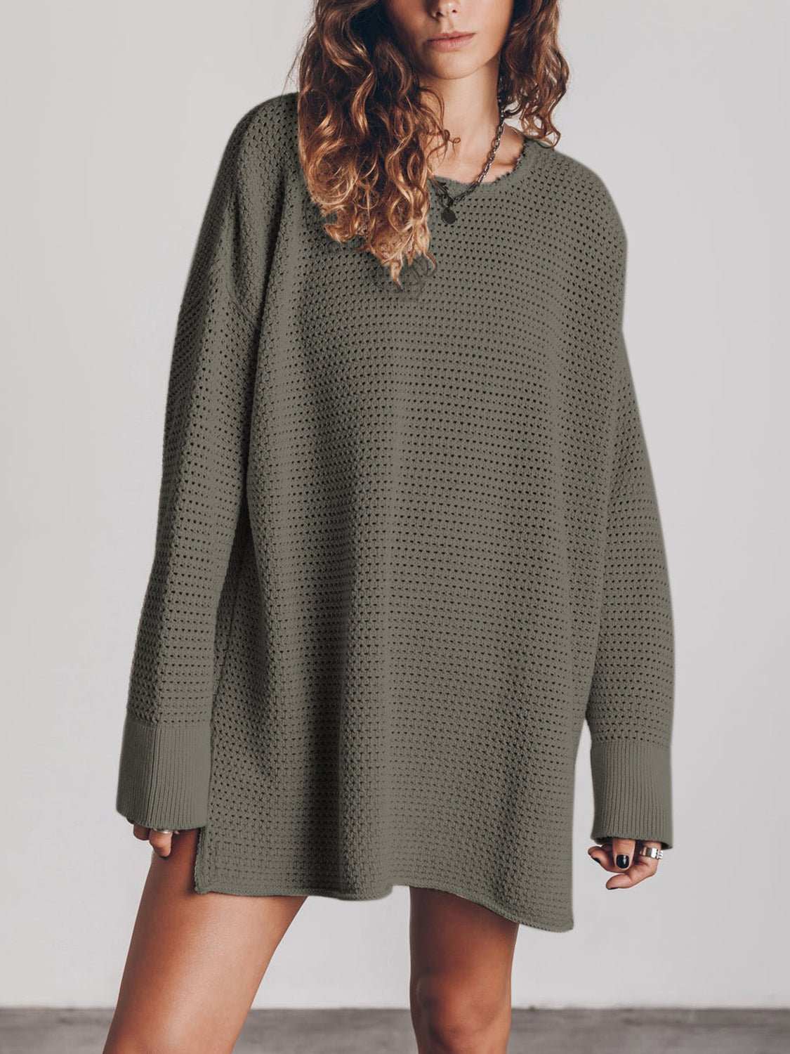 Openwork Round Neck Long Sleeve Slit Sweater - Primrose Signature Boutique