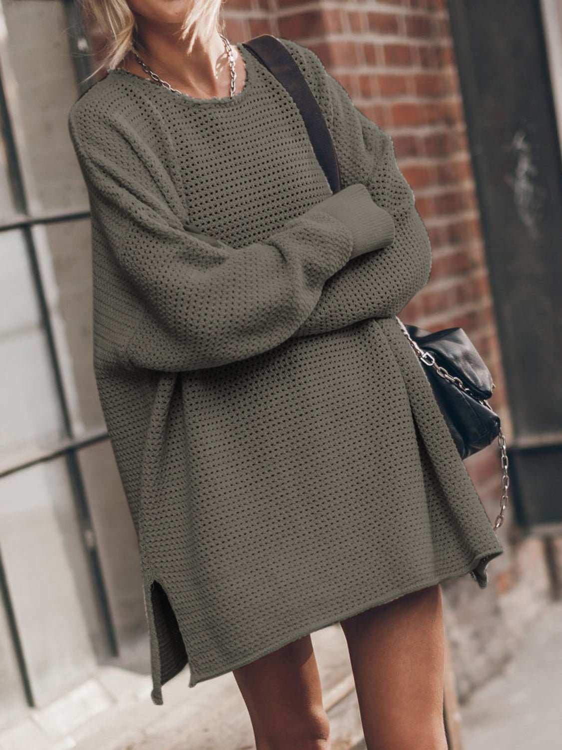 Openwork Round Neck Long Sleeve Slit Sweater - Primrose Signature Boutique