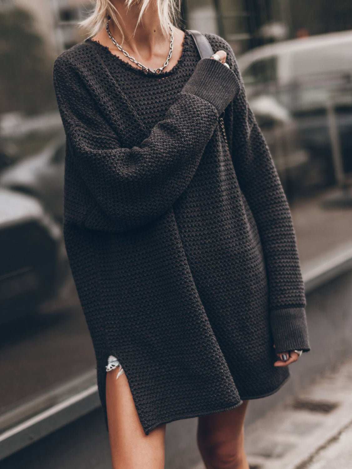 Openwork Round Neck Long Sleeve Slit Sweater - Primrose Signature Boutique
