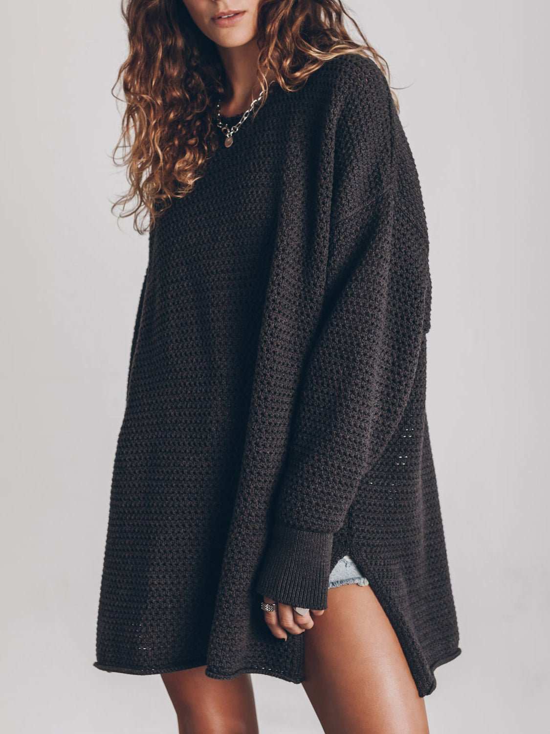 Openwork Round Neck Long Sleeve Slit Sweater - Primrose Signature Boutique