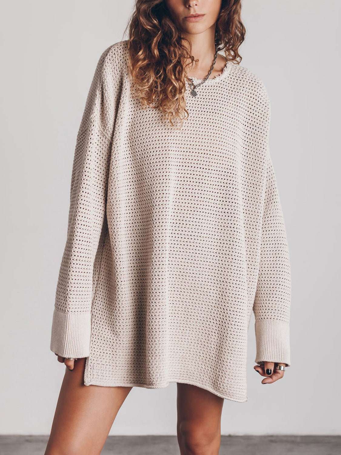 Openwork Round Neck Long Sleeve Slit Sweater - Primrose Signature Boutique